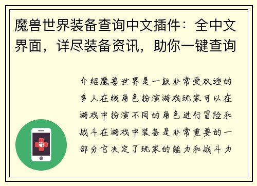 魔兽世界装备查询中文插件：全中文界面，详尽装备资讯，助你一键查询